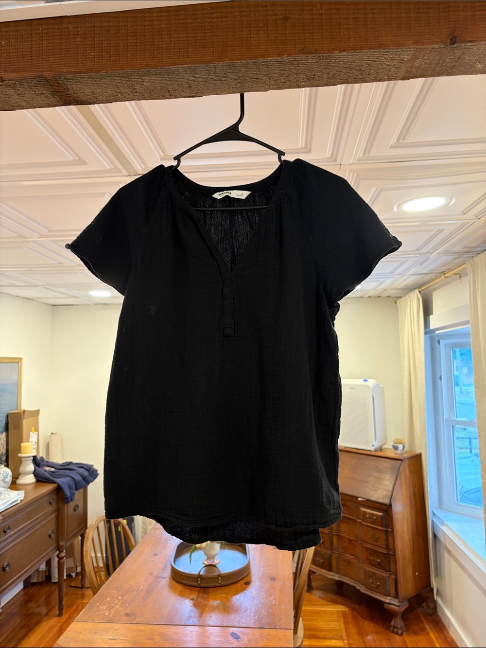 Sonoma Black Short-Sleeve Split-Neck Button Placket Blouse